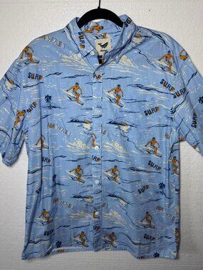 Yimue Mens Size Medium Blue Hawaiian Surf Button Front Short Sleeve Shirt Aloha
